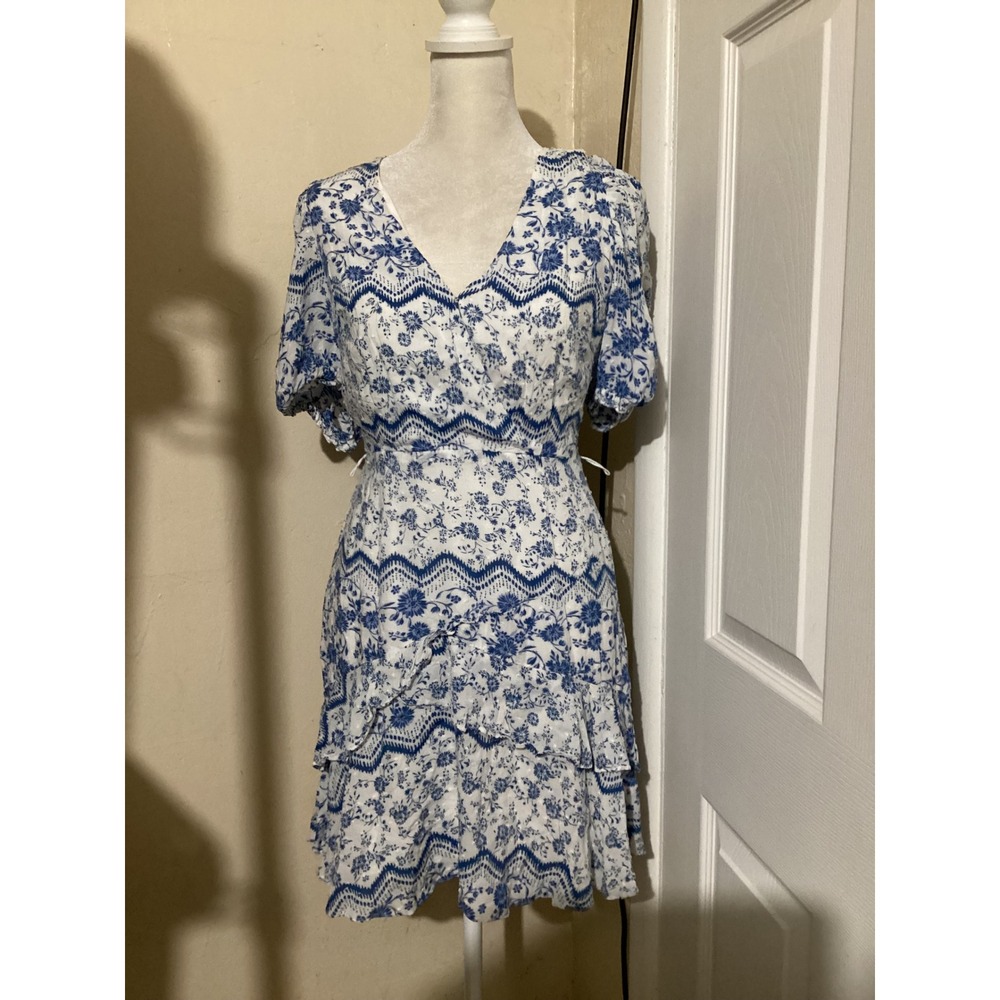 Aqua Blue White Floral Clip Dot Ruffle Mini Dress Womens S Puff Sleeve V-Neck